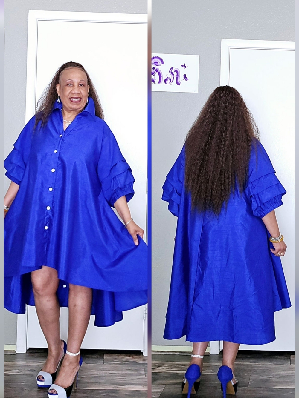 Elegant Royal Blue Button-Front Ruffle Sleeve Dress